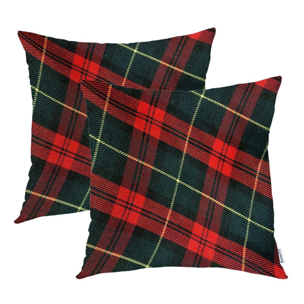 8334 Plaid Red Black Decorative Pillow Covers, 22 x 22 Inch Retro Green Red